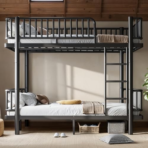 Bellemave Metal Queen Over Queen Bunk Bed for Adults/Kids Heavy Duty Adults Bunk Beds with Rounded Guardrail & Anti-Noise Slats Convertible Bunk Beds for Teens Black