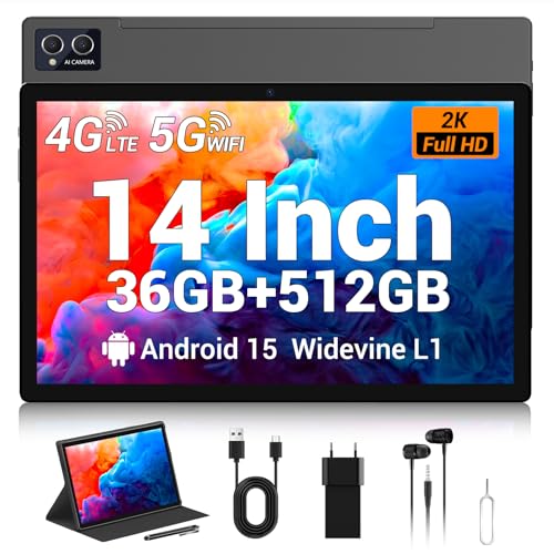 TIGERFU Tablet 14 Pulgadas, Android 15 Tablet con Ranura SIM,36 GB RAM+512 GB ROM (1TB TF),4G LTE+5G WiFi,Octa Core 2.0GHz,8MP+13MP,Widevine L1,FHD,GPS,Tableta con Lápiz y Funda Protectora (Negro)