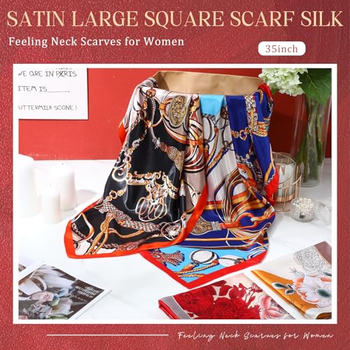 Hicarer 4 Pcs 35 Inch Silky Head Scarf Large Square Neck Scarf Sleeping Hair Wrapping Satin Scarf for Women2