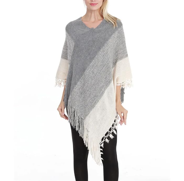 Mantelli da donna in maglia a righe per primavera autunno patchwork nappa poncho mantelli maglione