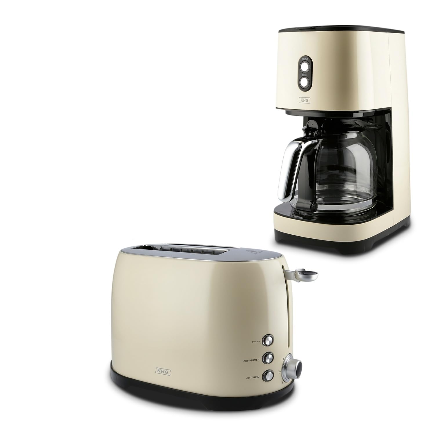 KHG Retro Frühstücksset Toaster 2 Scheiben 800W Kaffeemaschine 1,5L 12 Tassen 900W 2-teilig Creme