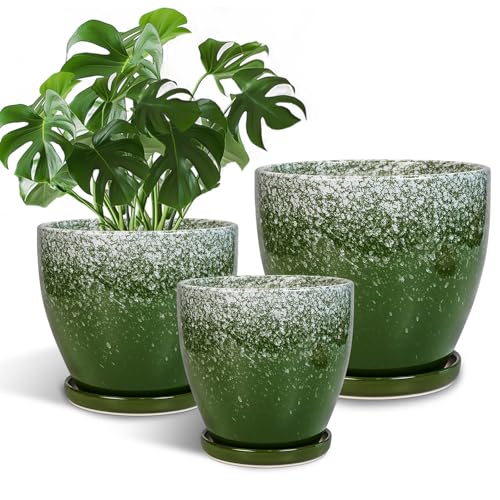 EPFamily Ceramic Planters 3 Pack - 10 Inch 8 Inch 6 Inch Plant Pots for Indoor Outdoor, Round Decorative Flower Pots with Drainage Holes and Saucers, Garden Home Decor, Gift for Women Men, Green