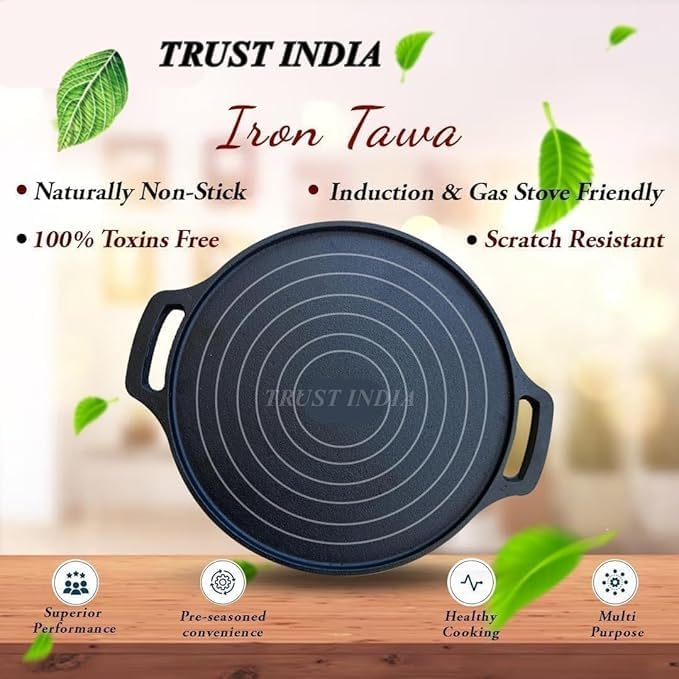 Image of Pre-Seasoned Cast Iron Tawa for Dosa /Chapathi /Roti | 29 cm, 2.5kg| Gas & Induction Stove-Friendly | Non-Stick, Pre-Seasoned Tawa, Long Lasting & Toxin-Free, No Chemical Coating, Black-AK