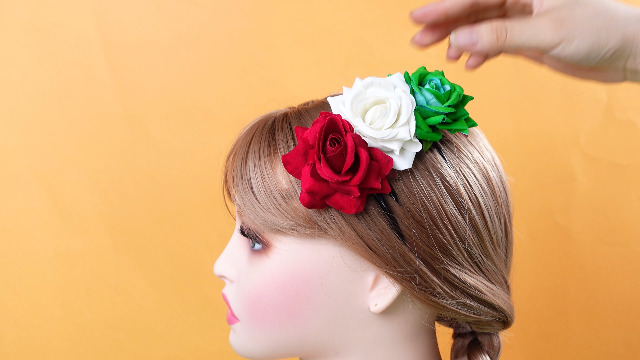 Mexican Handmade Ribbon Floral Headband in Red, Green & White Mexican Flower Crown Headband (red White Green Costume Day  main image 2