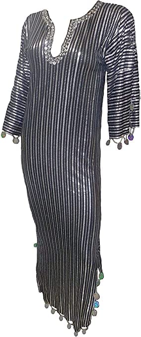 1Pcs Egyptian Belly Dance Nancy Stretchy Folkloric Dancing Outfit Galabeya Oriental Abaya Dress Costume Costumes Baladi Saidi Fallahi Sexy Carnival Sequins Handmade Bellydance Women (Black x Silver)