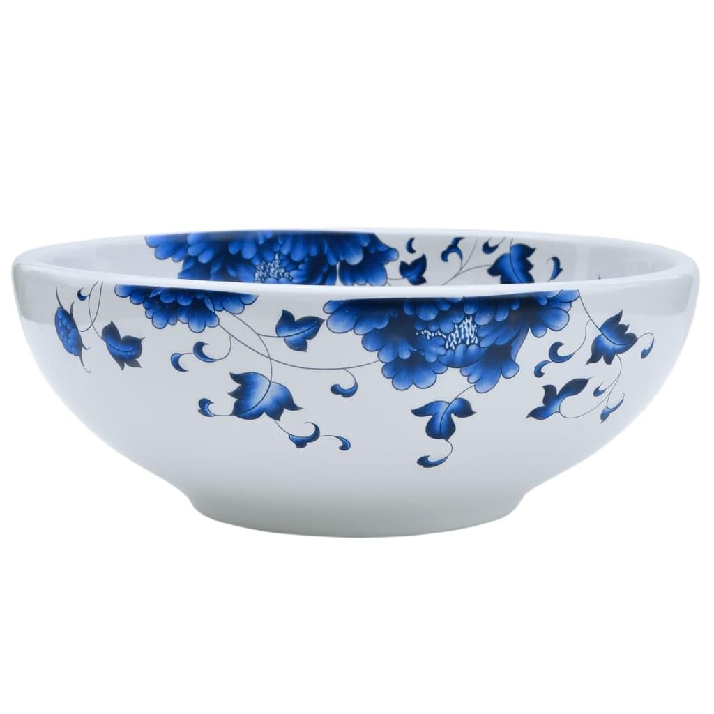 vidaXL Countertop Basin, Above Counter Bathroom Sink, Wash Basin for Lavatory Cloakroom Office, Vessel Sink, White and Blue Round Ceramic