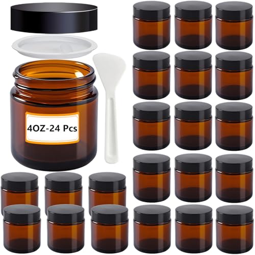 4 oz Amber Glass Jars with Lids,24 Pack 4oz Small Glass Jars with Inner Liners,4 Ounce Travel Jars for Cosmetics Container,Cream Lotion,Body Scrub