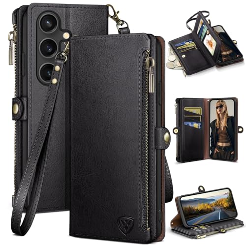 XcaseBar compatible with ‌Samsung Galaxy S25 FE Wallet case with Zipper Credit Card Holder【RFID Blocking】,Flip Folio Book PU Leather Phone case Shockproof Cover Women Men for Samsung S25 FE case Black