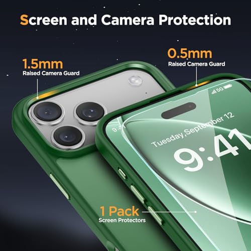Image of Miracase Magnetic for iPhone 17 Pro Case 6.3 inch with Screen Protector, [Compatible with MagSafe] Military-Grade Protection, Anti-Fingerprint, Slim Thin Phone Case for 17 Pro Cover, Green
