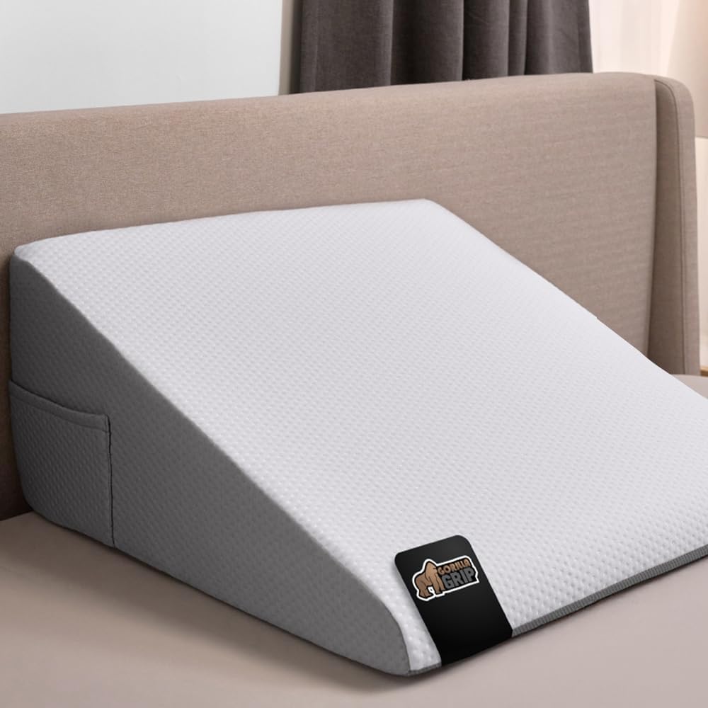 GORILLA GRIP Bed Wedge Pillow for Sleeping, Soft Dual Layer Memory Foam, Stay in Place Dots, Breathable, Ergonomic Headboard Triangle Sleep Support, Reading Elevation Anti Snoring, 12in White Gray