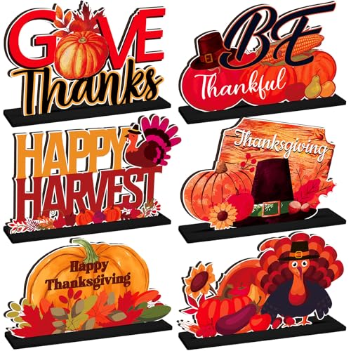 Image of CroBlissful 6 Pcs Thanksgiving Wooden Table Decorations Happy Harvest Party Supplies Thanksgiving Turkey Pumpkin Table Centerpieces for Home Indoor Give Thanks Be Thankful Holiday Party Decor