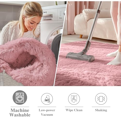 OLANLY Pale Pink Round Rugs for Bedroom - Machine Washable, 6 ft Circle Area Rugs for Living Room, Soft and Fluffy Shaggy Carpet for Teen Girls and Boys, Nursery Rooms, Dorms, Home Decor Aesthetic