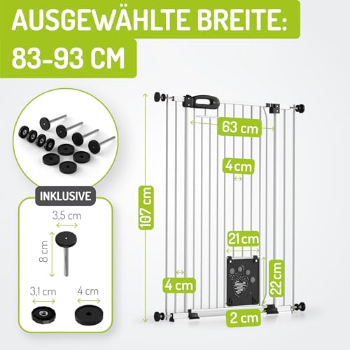BOMI Tierschutzgitter Merle| Treppenschutzgitter ohne Bohren| Ideal als Absperrgitter Hund, Katzengitter Tür & Welpenzaun | Extra Enge Stäbe | Hundegitter Wohnung weiß Metall | Breite: 83-93 cm