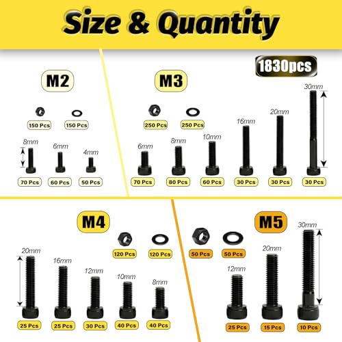 Image of Kadrick M2 M3 M4 M5 Metric Screws Kit 1830PCS, Optimized Assortment with More Screws & Fewer Washers, Class 12.9 Socket Head Cap Screws, Black Zinc Plated Metric Bolt Assortment for 3D Printing & DIY