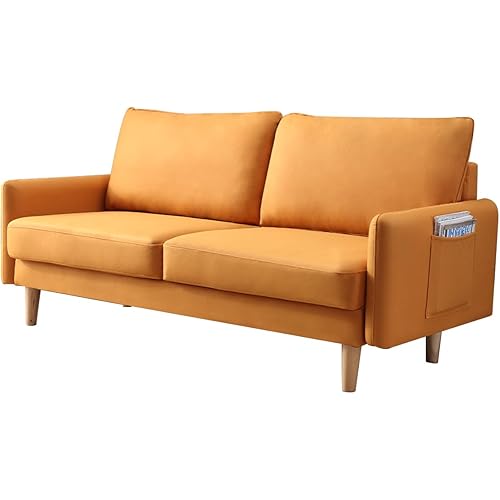 Orange Modern Loveseat Sofa Couch for Living Room,Small Couch of Upholstered Furniture Wood Component Sofa with 2 Pillows Linen Fabric for Small Apartment, Office, Bedroom Furniture.