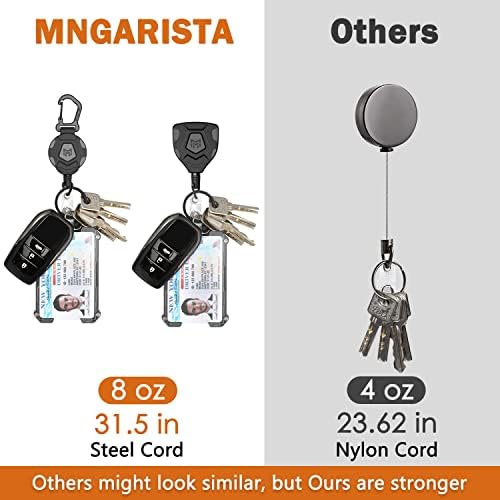 MNGARISTA Heavy Duty Retractable Keychain, Belt Clip Ver. & Carabiner Ver., 8 oz Retraction, 80cm Steel Rope, Tactical ID Badge Reel with Key Chain Retractor, 2-Pack