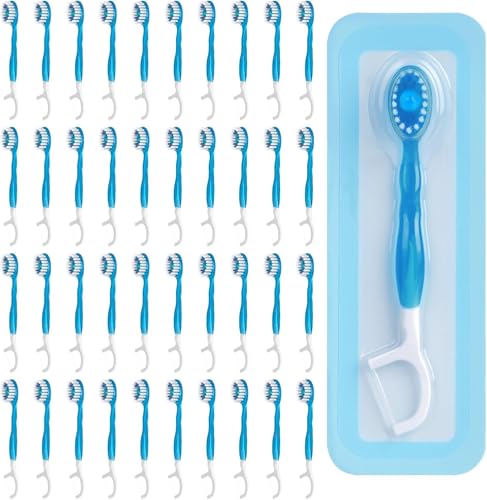 SYOSI 40 Count Disposable Mini Travel Toothbrushes Complete Oral Care All in One Toothbrush 5-in-1 Pre-Pasted Mini-Brush+Floss+Pick+Tongue Scraper with Freshening Bead (Herbal Mint Flavor)