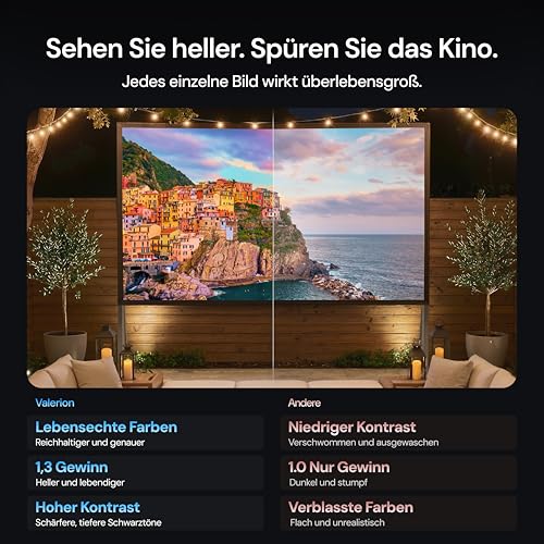 Valerion 120 Zoll Tragbare 4K/8K Outdoor-Leinwand mit Ständer, 3-lagiges mattweißes PVC, 16:9 Format, 1.3 Gain, faltbar, Anti-Falten, windstabil, inkl. Tragetasche