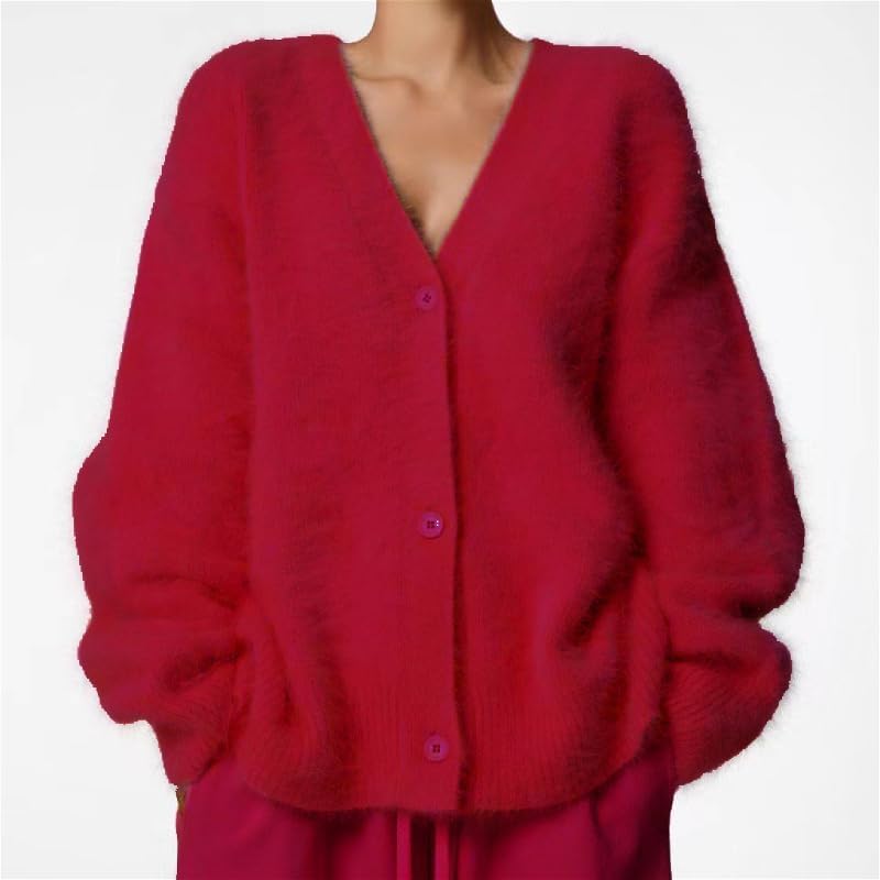 Image of Womens Fuzzy Sweaters Cardigan V-Neck Button Down Oversized Mohair Sweater Casual Y2k 2026 Fall Winter