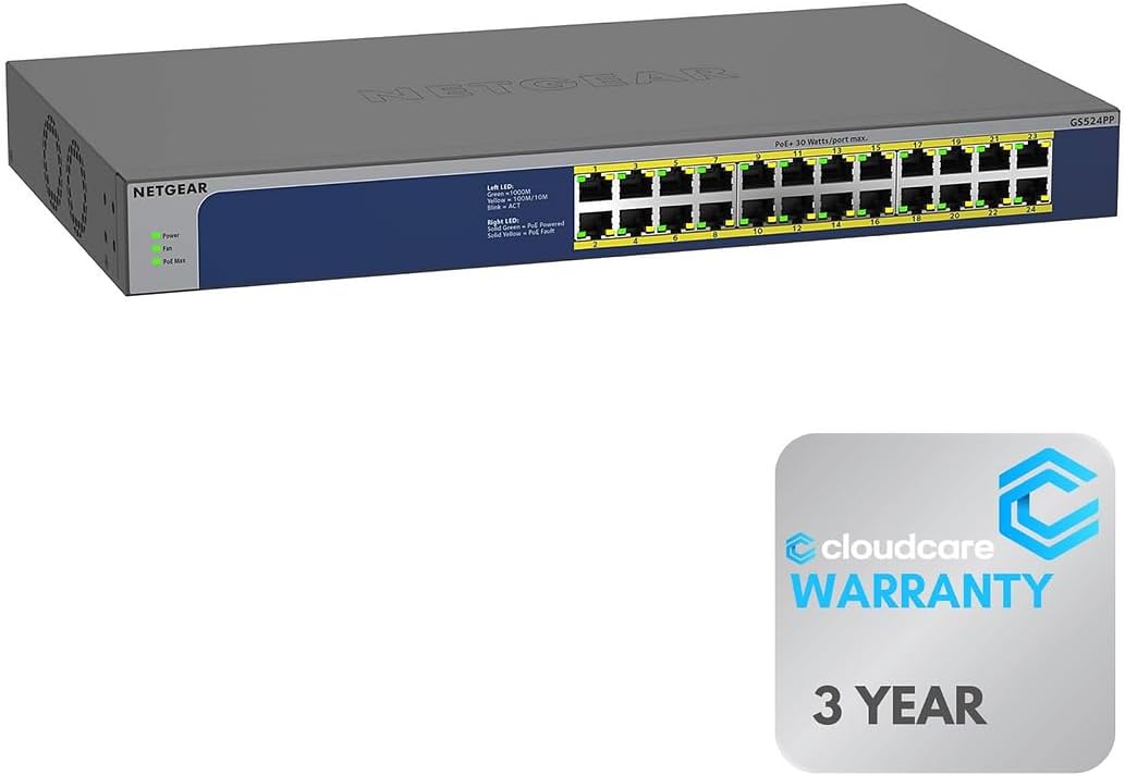NETGEAR GS524PP 24-Port 𝐏𝐨𝐄+ Switch | Unmanaged | Rack-Mountable | 300W Power | Cloud Care's 3-Year Warranty SupportPlus Included