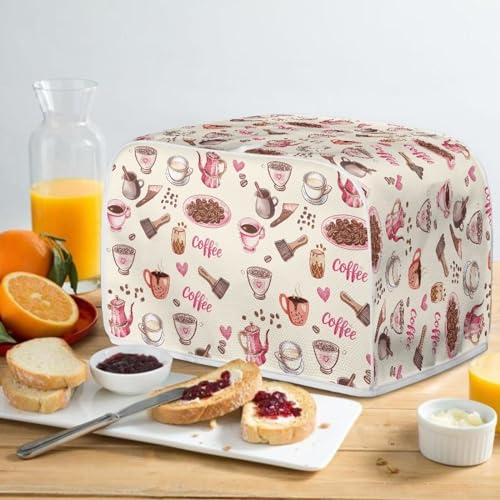 Image of Toaster Dust Cover 2 Slice, Microwave Toaster Oven Grill Cover Stain Resistant Dustproof Kitchen Small Appliance Cover with Top Handle for Kitchen, Coffee Pink Beige