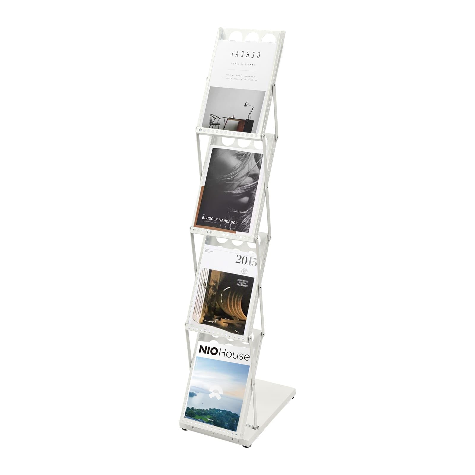 Portafolletos plegable A4 blanco, revistero 4 niveles de hierro, expositor para revistas, folletos, folletos