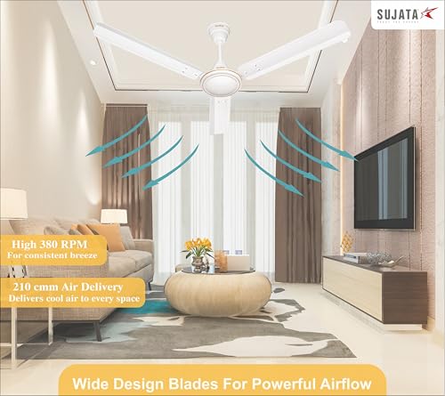 Image of Sujata Ceiling Fan | 3 Year Warranty | 100% Copper Winding, 1200mm | BEE 1 Star Rated Ceiling Fan for Living Room & Bedroom | Powerful Airflow, Energy Efficient, High Speed Performance (AL 450 White)