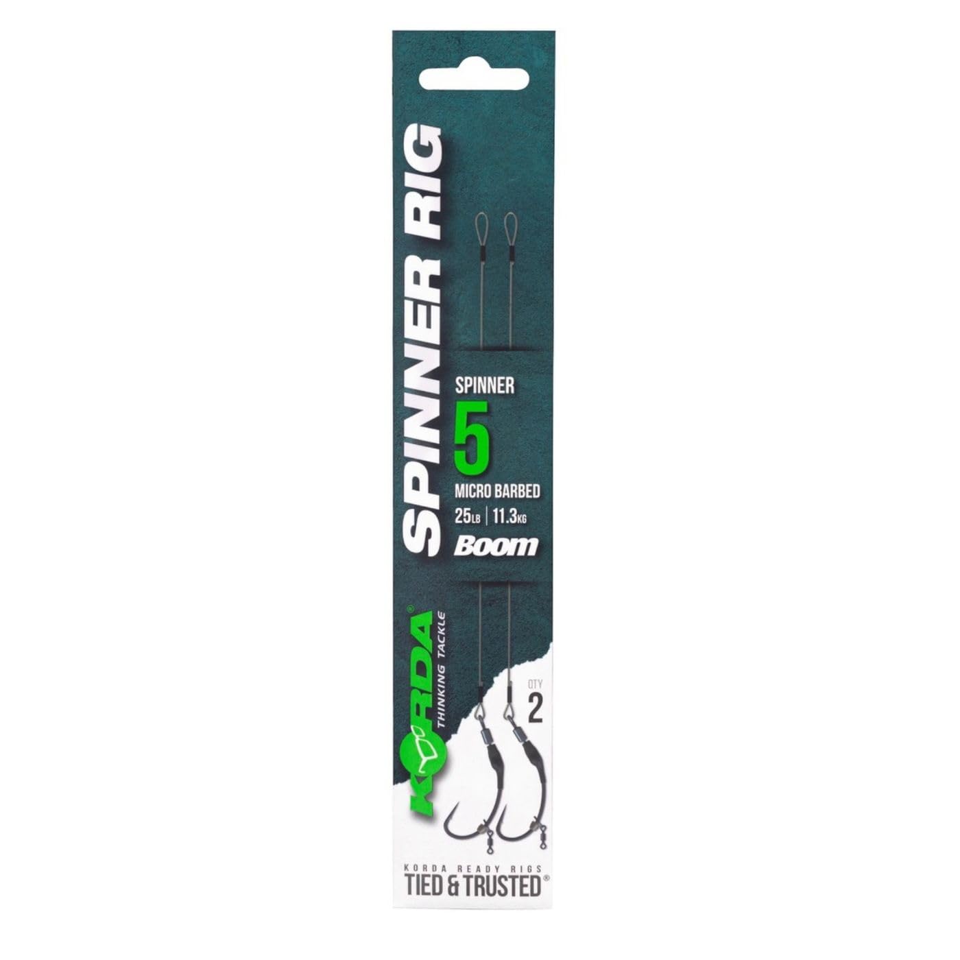 Korda Spinner Rig Spinner, Barbed Size 5, Stainless Steel, Features New Spinner Hook, 5.5 Inch Boom, Pre-Crimped Swivel, Versatile Hook Options, Durable Design for Carp Fishing Enthusiasts