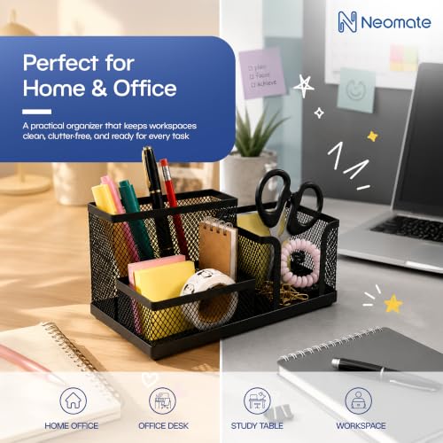 Image of Neomate Metal Mesh Desk Organizer Pen Stand with 3 Compartments - Keeps Pens, Scissors and Stationery Tidy for Office, Study Table and WFH Desk Setup (Black color)