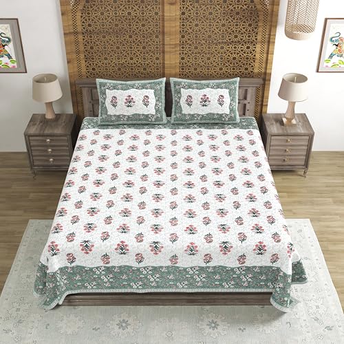 Image of BLOCKS OF INDIA Hand Block Printed 300 TC Cotton Super King Size Bedsheet(106 x 106) (GAD Green)