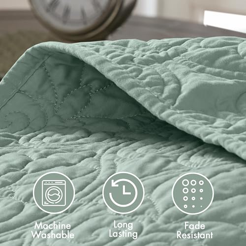 Image of Madison Park Luxurious Cotton Damask Quilt Set, 3PC King /Cal King Bed Set | All Season, Lightweight Stitching Coverlet Bedspread Bedding Stitching with Shams, seafoam