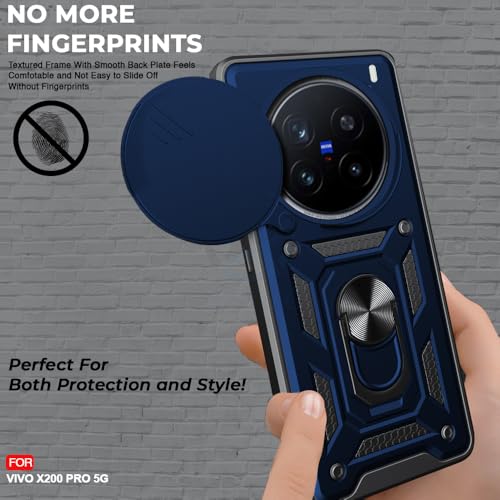 Image of AESTMO TPU+PC Tough Armor Vivo X200 Pro 5G Bumper Back Case Cover | Ring Holder & Sliding Camera Shield Cover | 360 Degree Protection Back Case Cover for Vivo X200 Pro 5G (Blue)