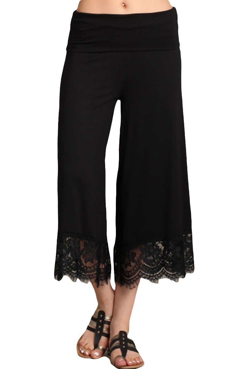 HEYHUNWomen's Solid Tie Dye Wide Leg Flared Capri Boho Gaucho Pants w/ Lace Detail - Black -