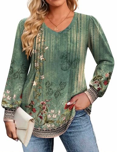 Image of IN'VOLAND Womens Plus Size Shirts V Neck Puff Long Sleeve Tops | Loose Fit, Dressy Casual Blouse, Pleated, Fall Outfits, Business Work TShirts, Basic Tees