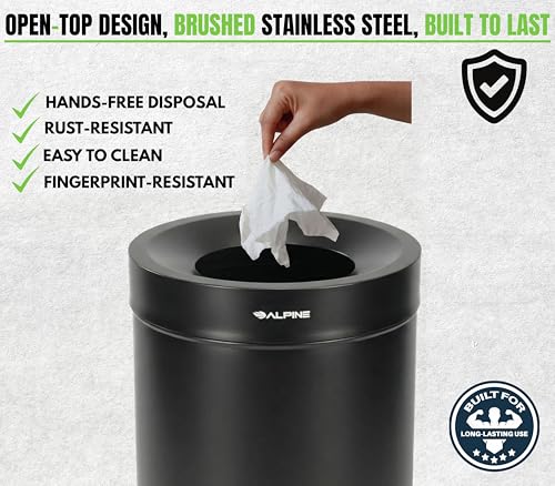 Alpine Indoor Commercial Trash Can Open Top- 27 Gallon Stainless Steel Garbage Can, Heavy Duty, Large, Tall Round Industrial Waste for Office, Hotel, Lobby, Bathrooms & High Traffic Areas - Black by Alpine - Image 7