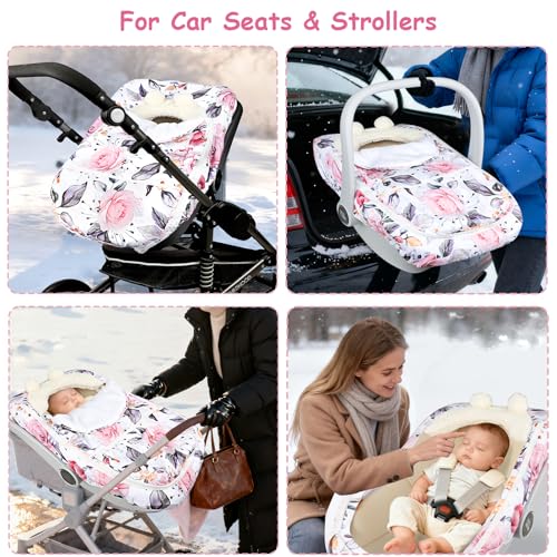 Image of Pea Pod Winter Car Seat Cover for Baby, Infant Car Seat Canopies Cover for Newborn, Warm Plush Fleece Inner Protect Baby from Cold Wind, Stylish Floral