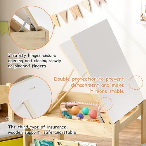 Image of EXPERLAM Kids Table and 2 Chairs Set, Wooden Toddler Activity Table with Adjustable Drawing Tabletop, Safety Hinges, Storage Drawers &Bookshelf for Playroom, Nursery, Ages 1-6, Burlywood