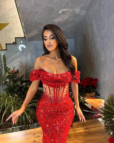 Sparkly Sequins Prom Dresses for Women 2025 Off The Shoulder Formal Evening Gown Mermaid Long Cocktail Dress4