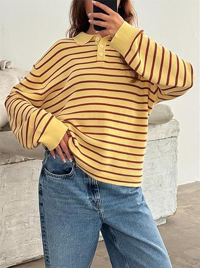 Women Y2k Striped Oversized Polo Sweater Vintage Aesthetic Preppy Knit Long Sleeve Pullover Golf Rugby Sweatshirt3