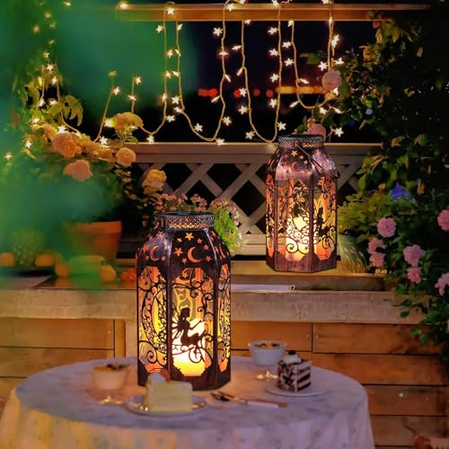 Image of Solar Lanterns Outdoor Waterproof Fairy LED Metal Lantern Candle Glow | Bronze Moon Hollow Design, Vintage Fairy Style, Garden Decor for Yard, Patio, Backyard 2 Pack