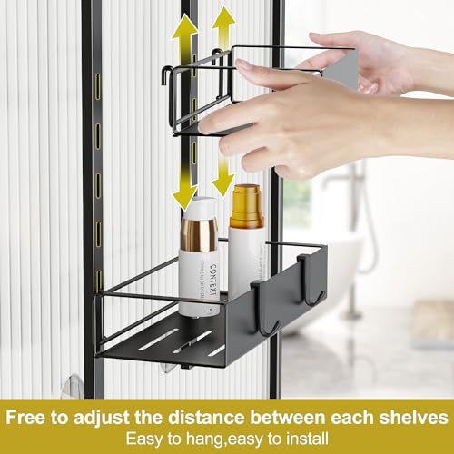 Orimade Adjustable Over-The-Door Shower Caddy with 4 Hooks and Suction Cups - Rustproof 2-Tier Organizer in Black