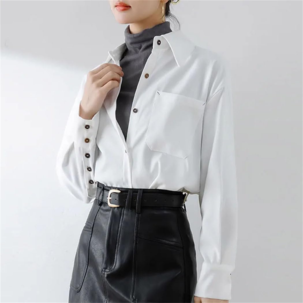 Camisa de manga larga para mujer, cuello vuelto, blusa con bolsillo, para oficina, informal, holgada