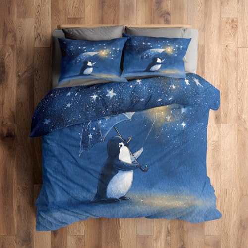 Générique 200x200 Housse de Couette Pingouin Parure de Lit - 2 Personnes, 2 Taies d'oreiller 65x65, Motif Enfants Cartoon Animal, Decoration Chambre,...