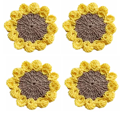 4 Pieces Handmade Crochet Cute Flower Sunflower Coasters Doilies Table Decorations