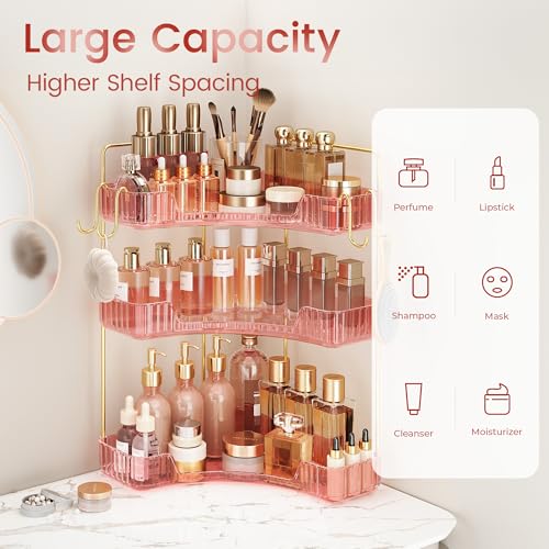 Image of Corner Bathroom Counter Organizer 3-Tier Bathroom Organizer Countertop with Hooks Perfume Organizers Storage Shelf for Makeup & Skincare Dresser-Pink