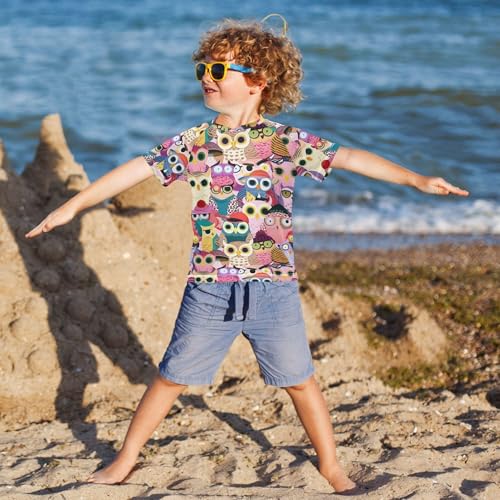 Colorful Pattern with Cute Cartoon Owls Girls Bathing Suit Short Sleeves Active Shirts Swimwear Beach Tops 3T4