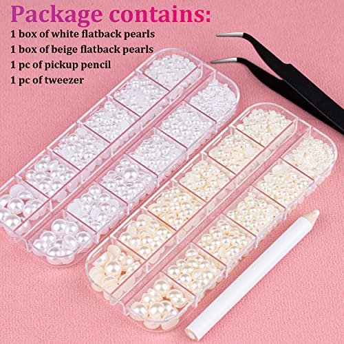 2700 Pcs Flat Back Pearls Kits 1 Box Of Flatback White+1 Box Of Beige Half Round Pearls With Pickup Pencil And Tweezer For Home Diy And Professional Nail Art, Face Makeup And Craft #TOP1