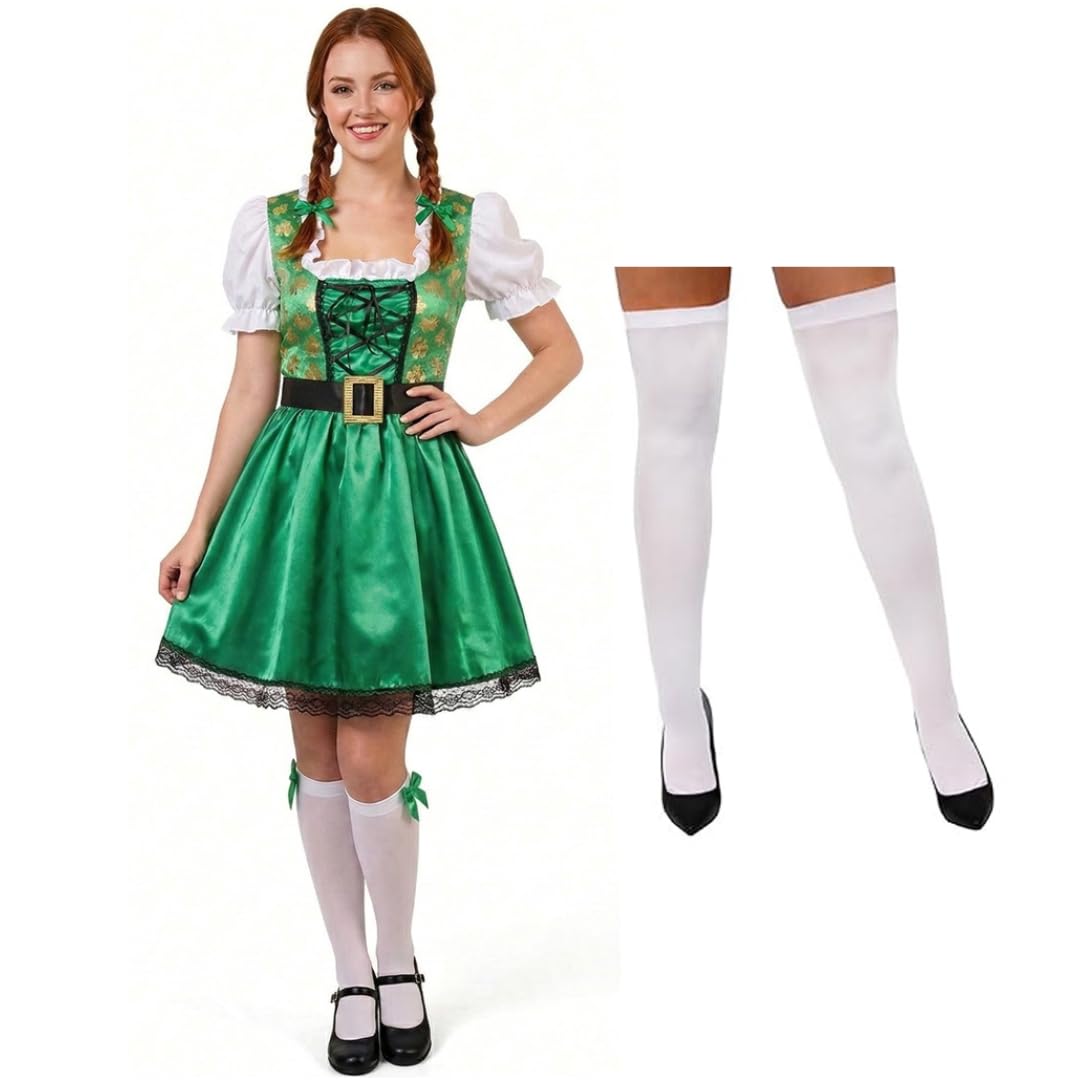 Ladies St Patrick’s Day Irish Dress & Stockings - Medium - Green Dress, Blouse Attached With Gold Belt and White Stockings - Perfect for St Patrick's Day