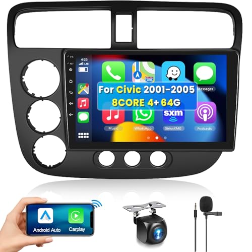 Image of podofo 8 Core 4G+64G Car Radio for Honda Civic 2001 2002 2003 2004 2005, Wireless Apple Carplay Android Auto Car Stereo, 9 inch IPS Touchscreen with WiFi, GPS, Bluetooth,FM /RDS, 32EQ DSP, Rear Camera