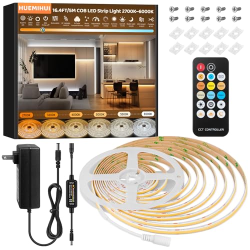 COB LED Strip Lights 16.4ft/5m, High Density Super Bright 2880LEDs Flexible COB LED Lights with RF Remote,Dimmable 2700K-6500K CRI90+ 24V DIY Tape Light Kit with 24V Power Supply, for Home Office